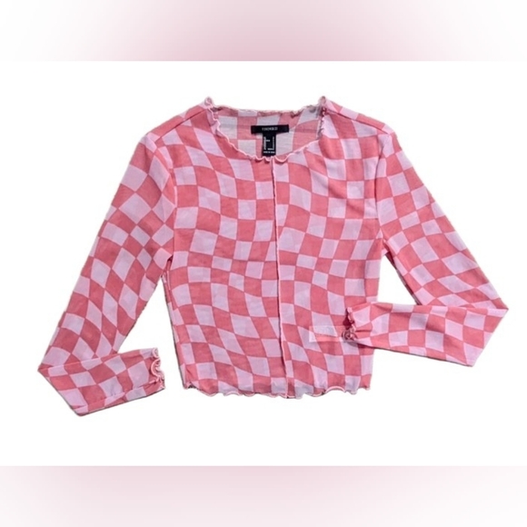 Forever 21 Tops - Y2K Mesh Pink Lettuce Hem Crop Top